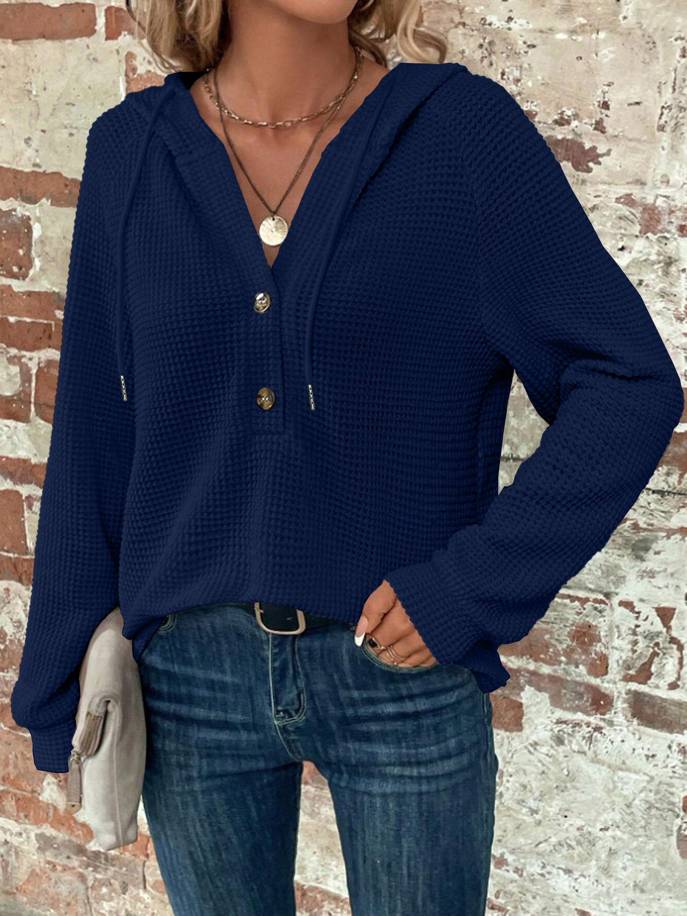 Women's Solid Color Long Sleeve V-Neck Hooded Button Sweatshirt