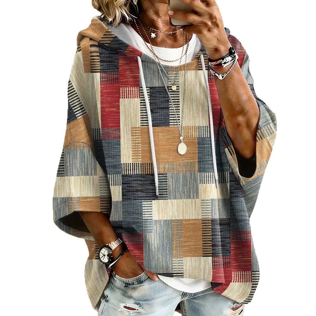 Women's Plaid Colorblock Print Casual Hoodie