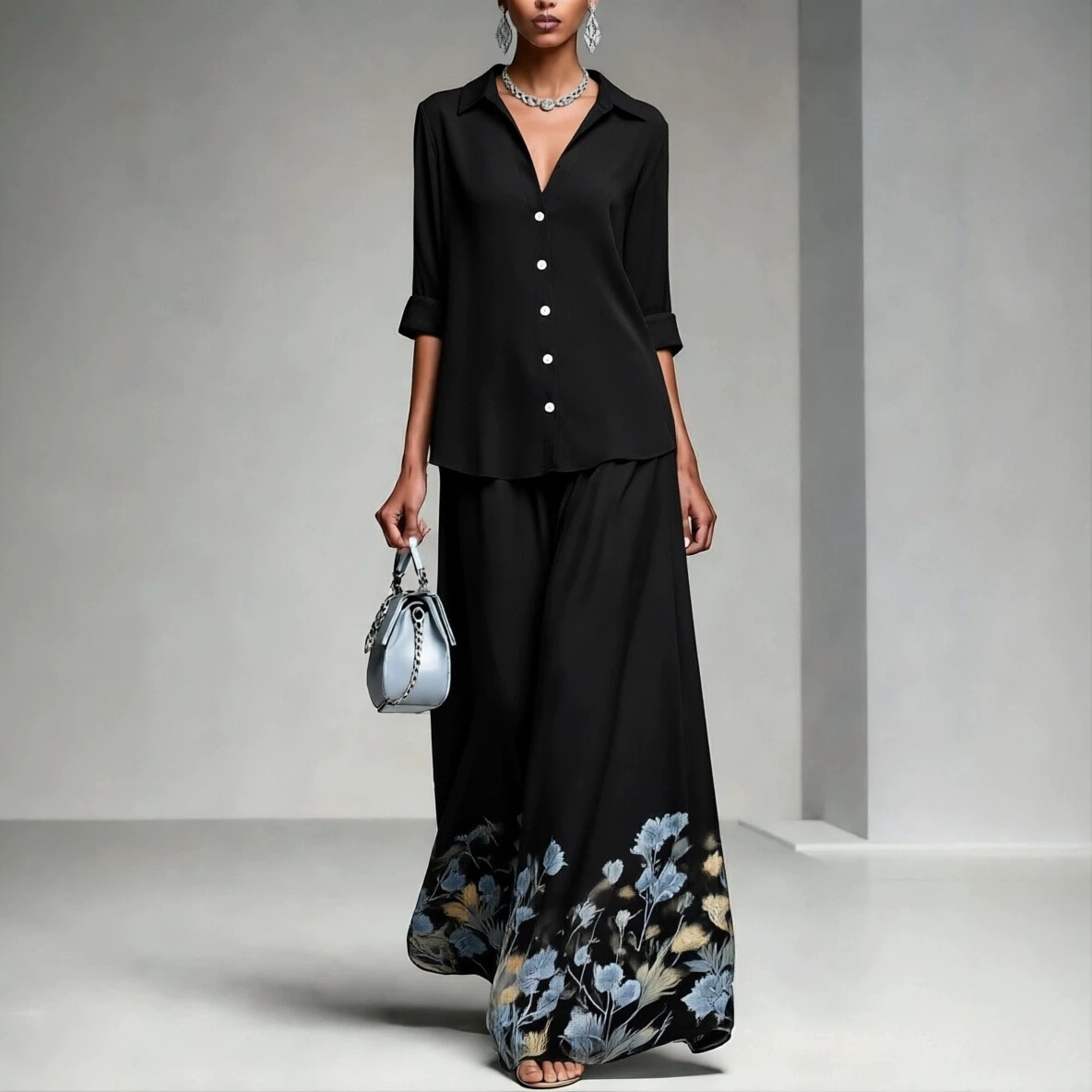 Floral Print Shirt and A-Line Midi Skirt Set with Collar and 3/4 Sleeves