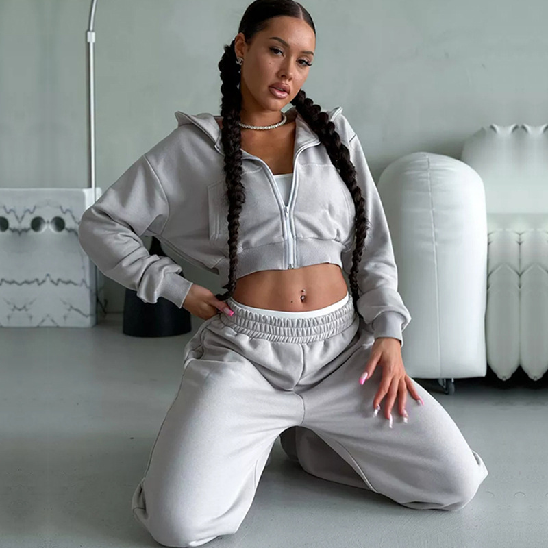 Sexy Cropped Hooded Cardigan and Pants Set Long Sleeve