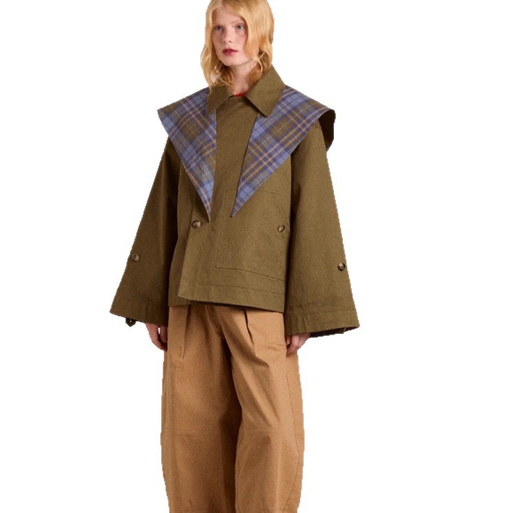 Women's Reversible Embroidered Jacket with Lapel Collar and Pockets