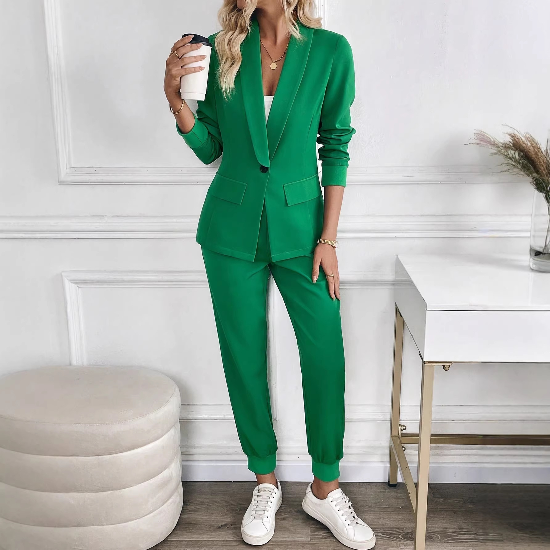 Women's Solid Color Blazer and Jogger Pants Set