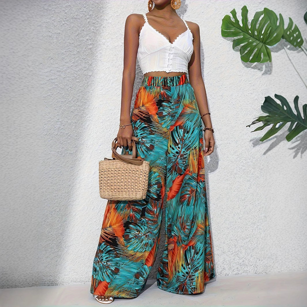 Women's High-Waist Wide-Leg Pants Tropical Print Casual Loose Fit