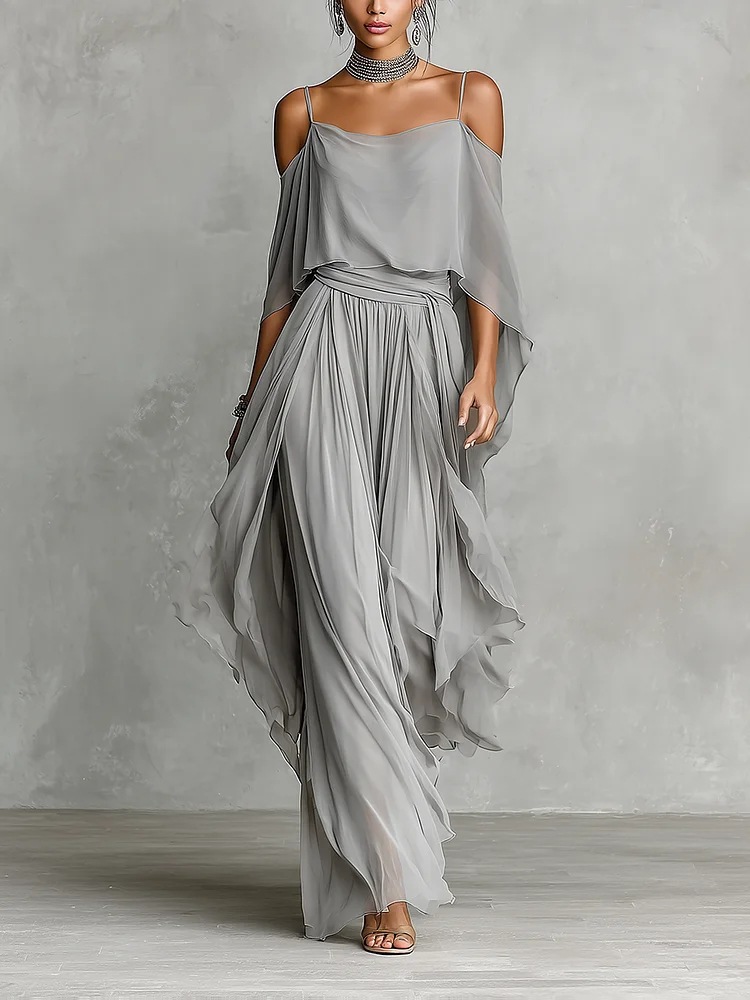 Gray Chiffon Off-Shoulder Cami & Wide-Leg Pants Set