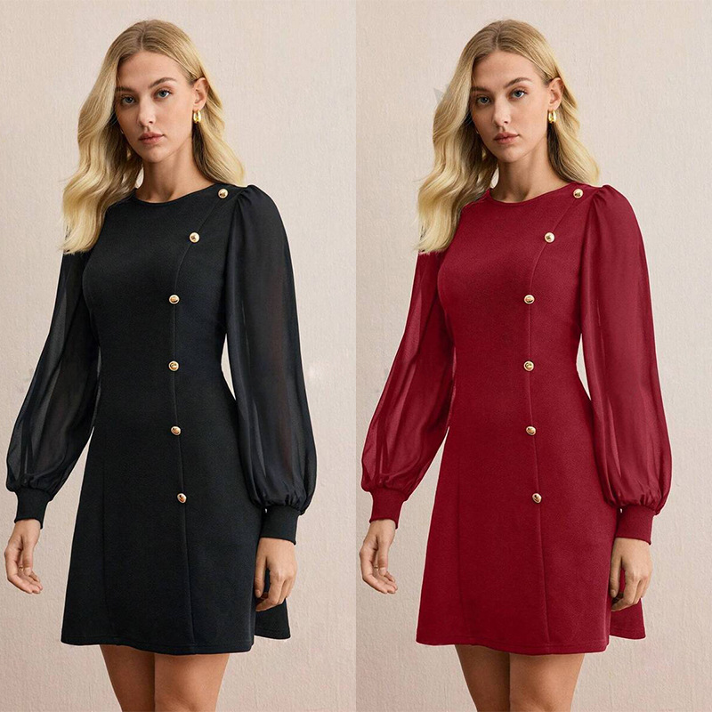 Women's Round Neck Button-Trim Slim Fit Solid Long Sleeve Dress