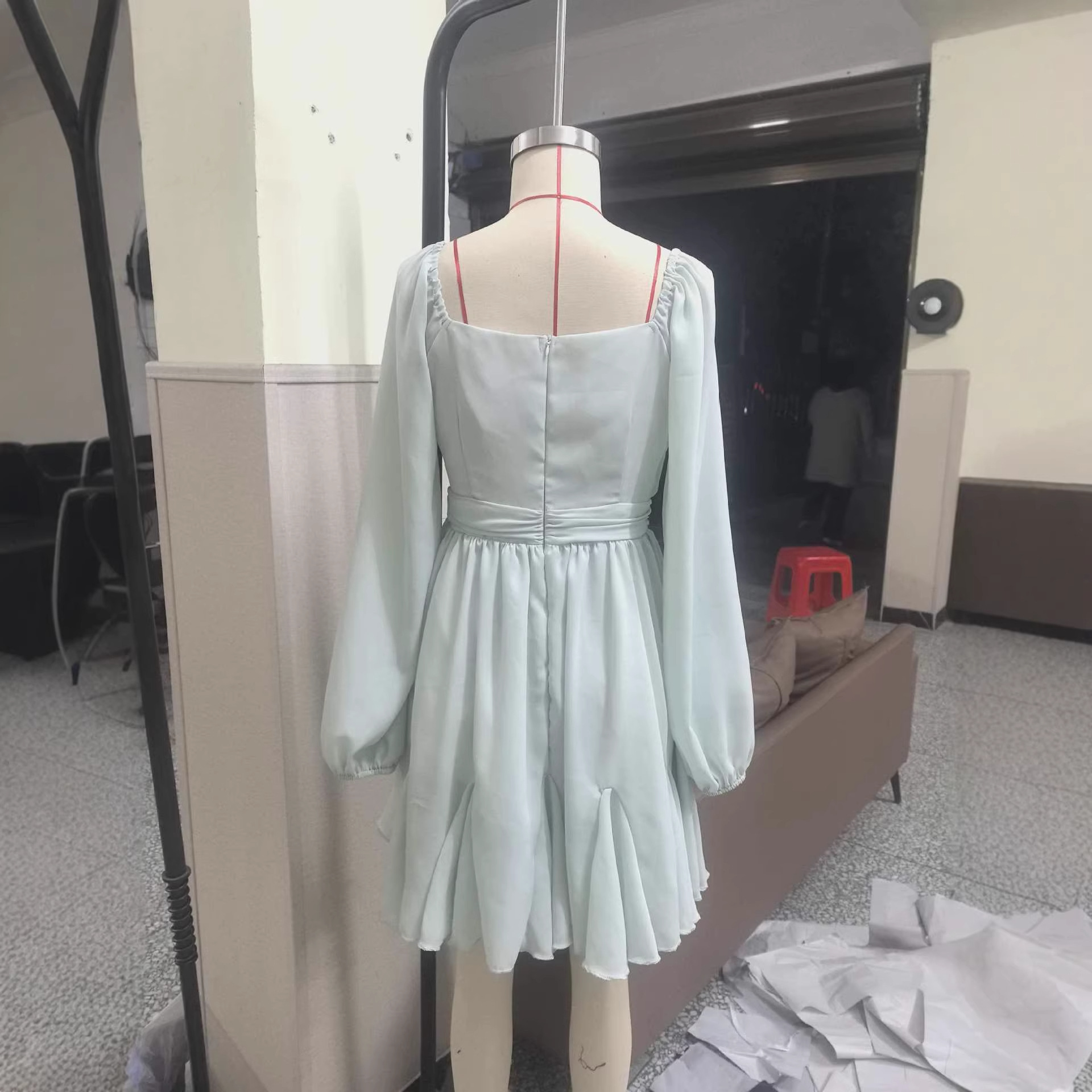 Western-Style Sheer Mesh Long-Sleeve Ruched Dress with Strapless Bodice