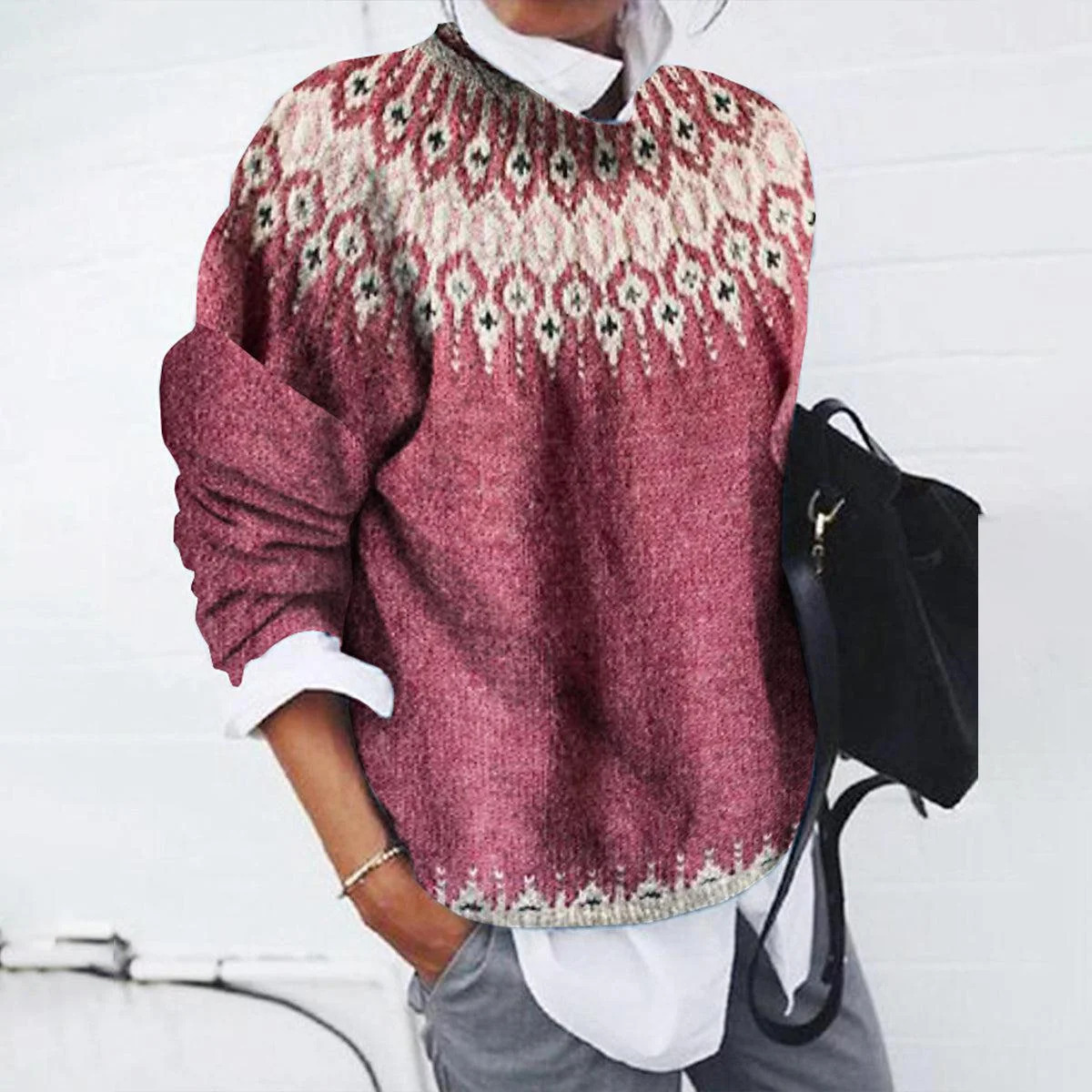 Women's Printed Crewneck Soft Knit Sweater Casual Cardigan