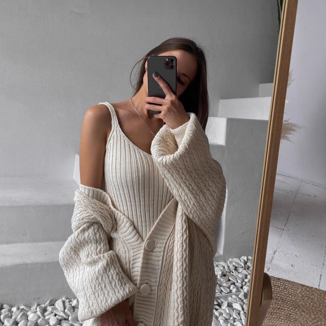 Women's V-Neck Midi Knit Cardigan Sweater Vest Set Puff Sleeve Solid