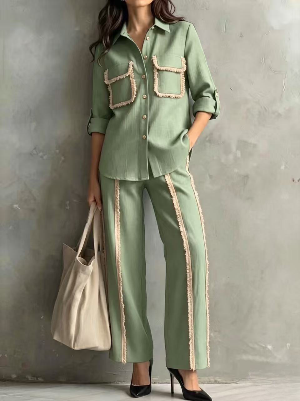 Minimalist Cropped Button Pocket Fringe Two-Piece Women's Set