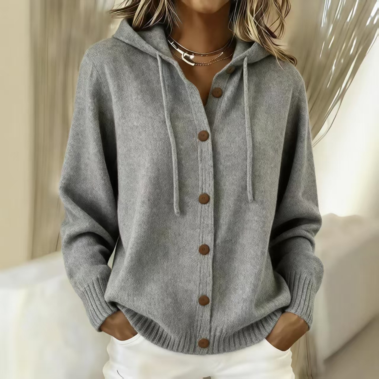 Button-Up Hooded Knit Cardigan Sweater Coat Solid Color Casual Women's