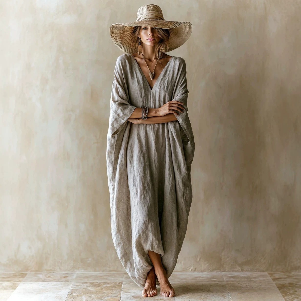 Lazy Linen V-Neck Batwing Sleeve Maxi Dress Loose Flowy Vacation
