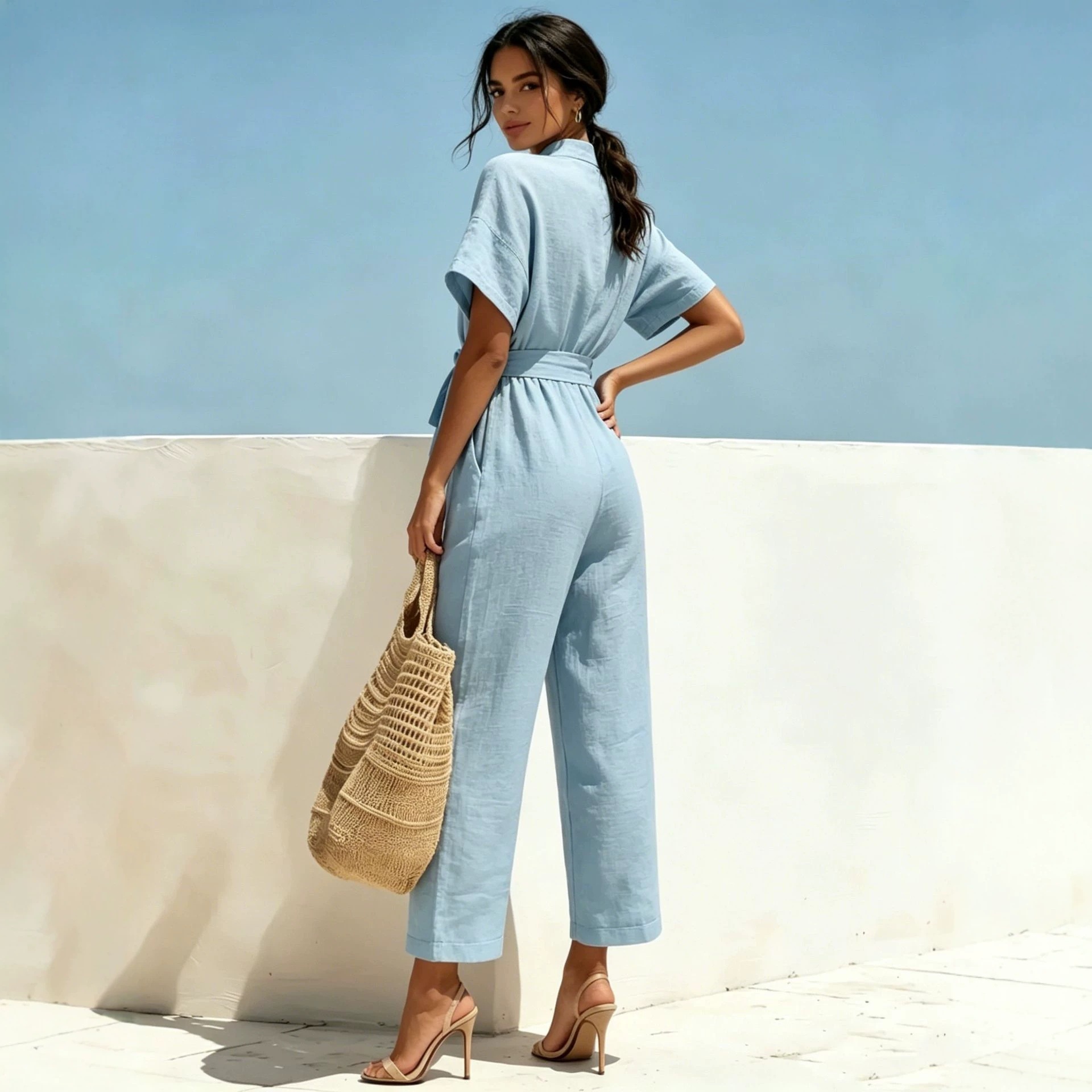 Women's Half-Turtleneck Wide-Leg Jumpsuit Solid Color