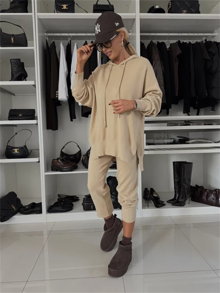 Women's Solid Color Loose Hooded Knit Two-Piece Set