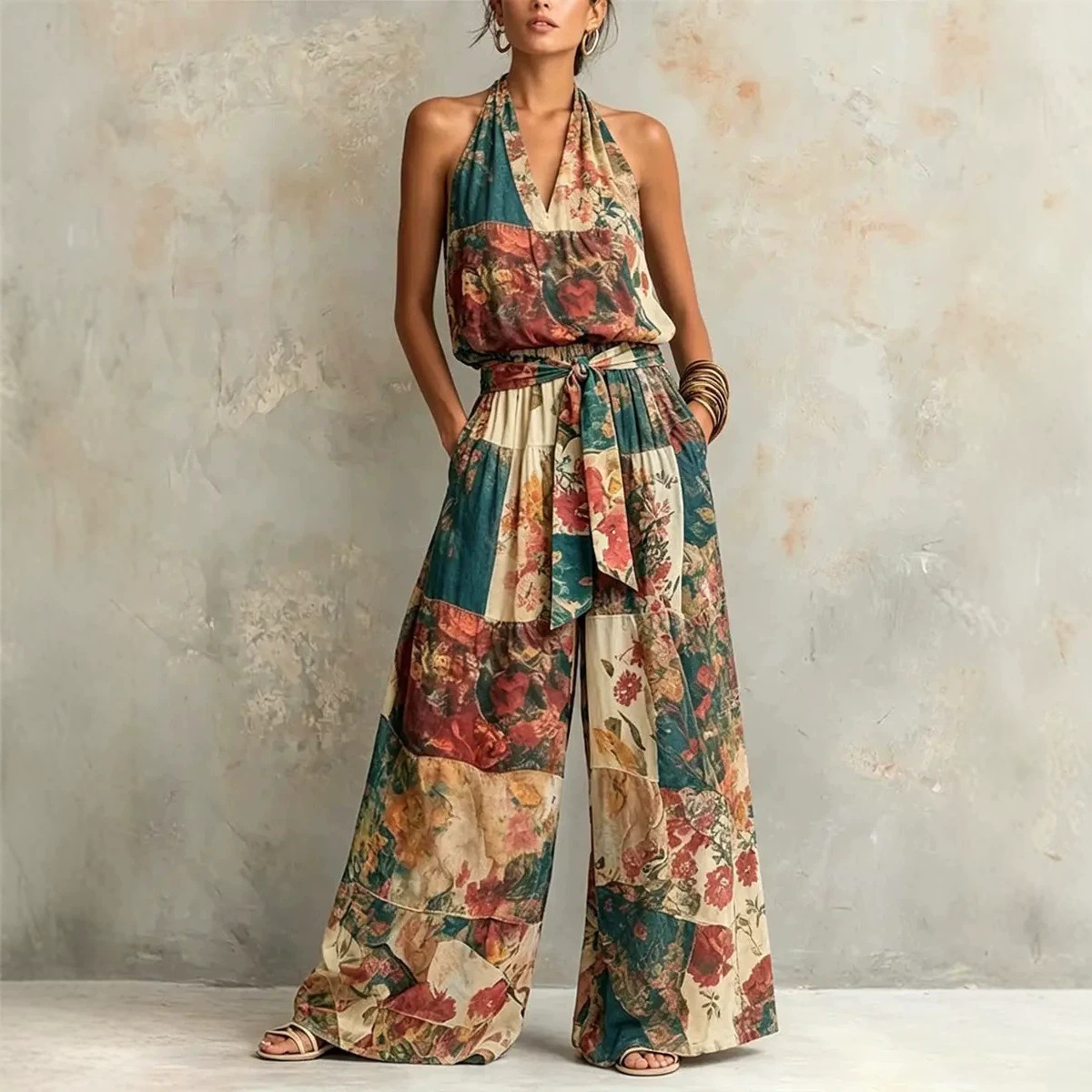 Women's Summer Casual Plaid Print Sleeveless Jumpsuit
