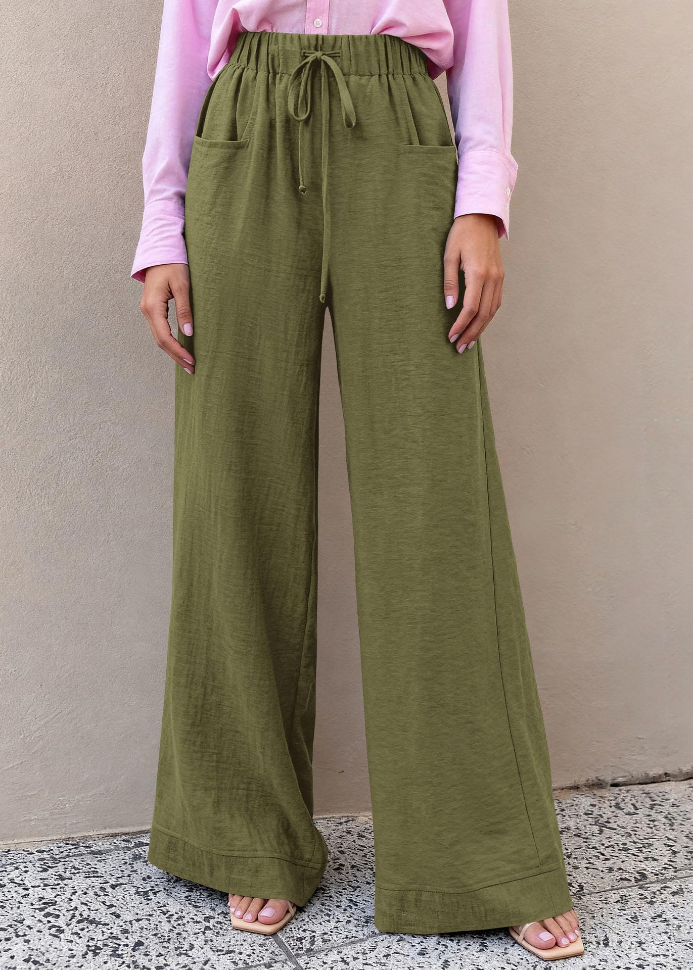 Women's High-Waist Wide-Leg Drawstring Pants Casual Solid Color