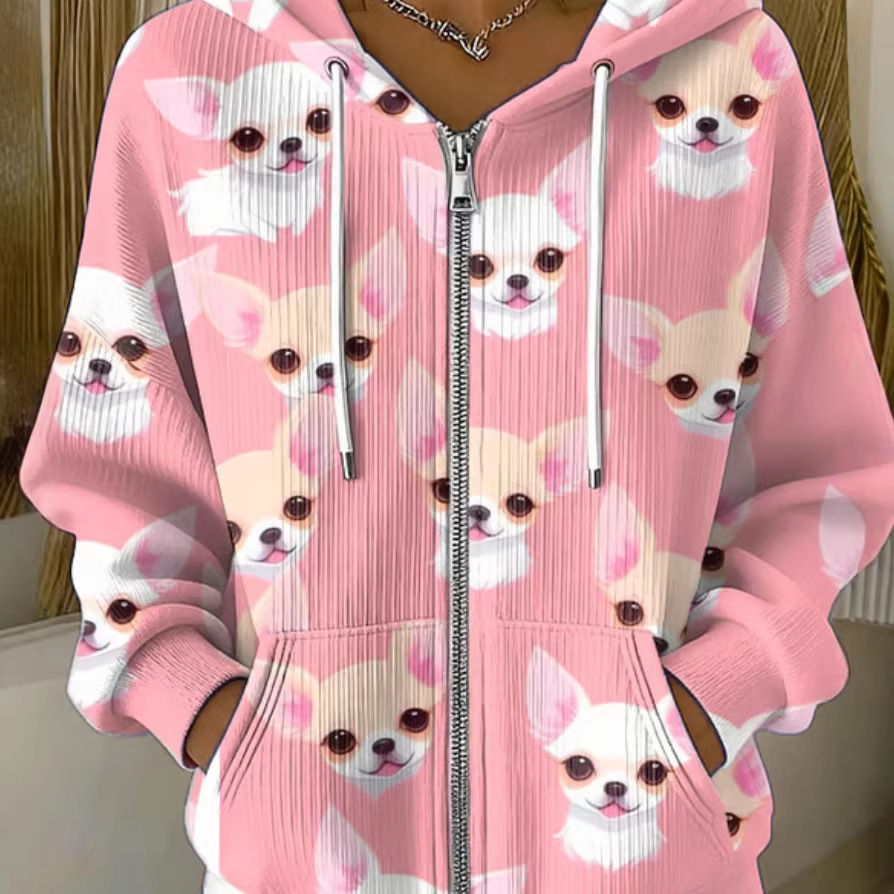 Women's Cute Puppy Print Hoodie Long Sleeve Zip-Up