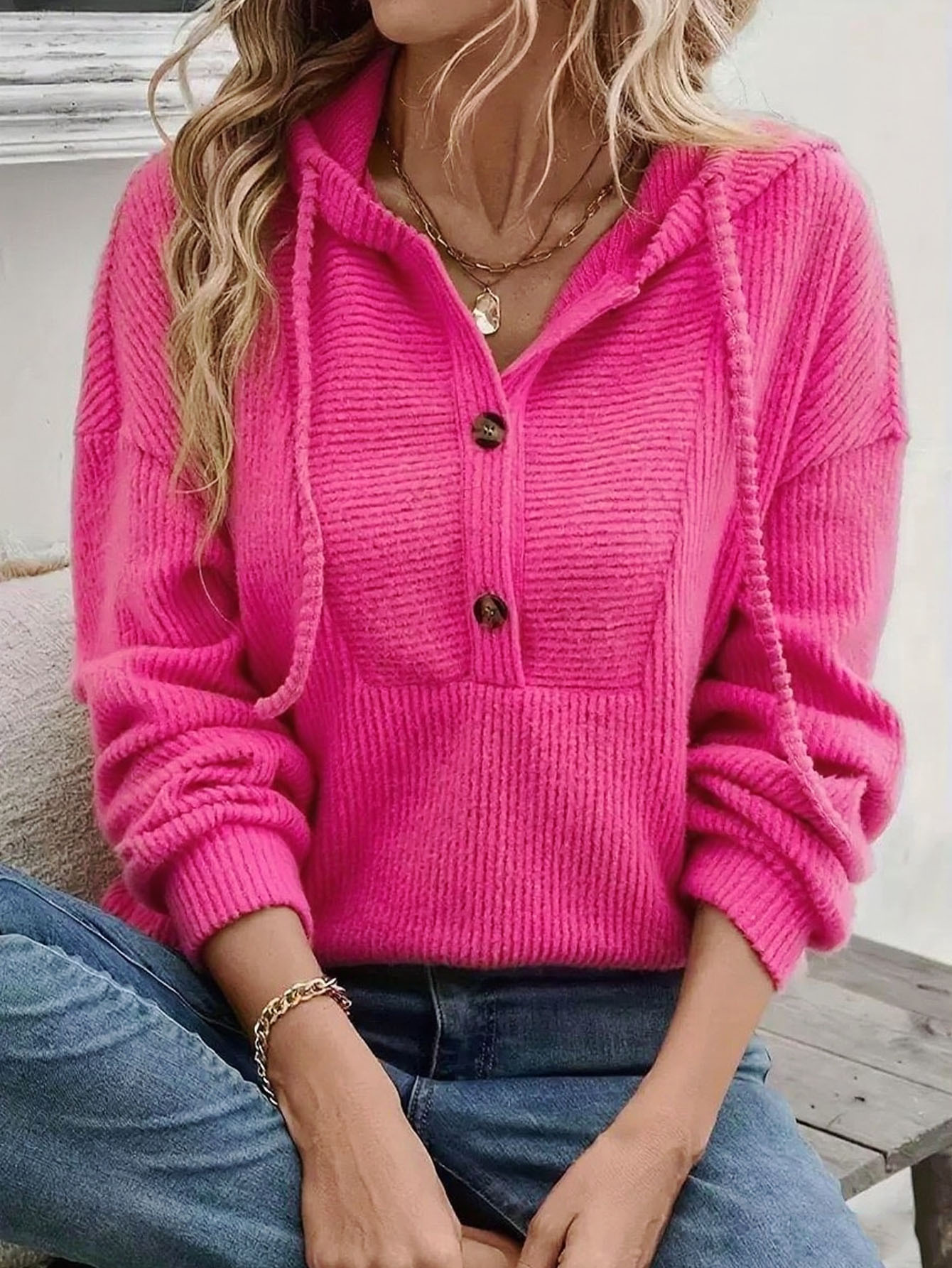 Women's Ribbed Hooded Sweatshirt Drop Shoulder Long Sleeve Pullover