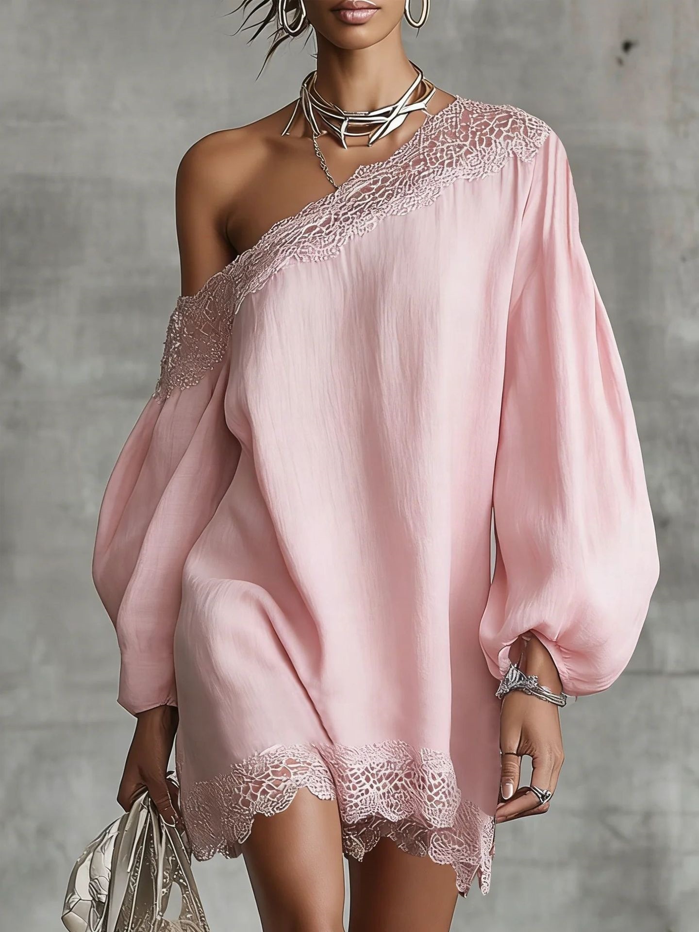 Women's Summer One-Shoulder Long-Sleeve Lace Trim Solid Casual Top