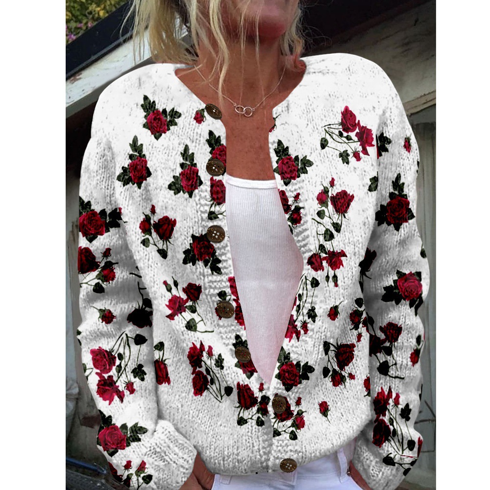 Women's Plaid Floral Print Button-Down Cardigan Sweater