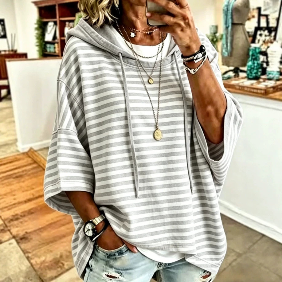 Women's Striped Hooded Pullover Sweatshirt with 3/4 Sleeves
