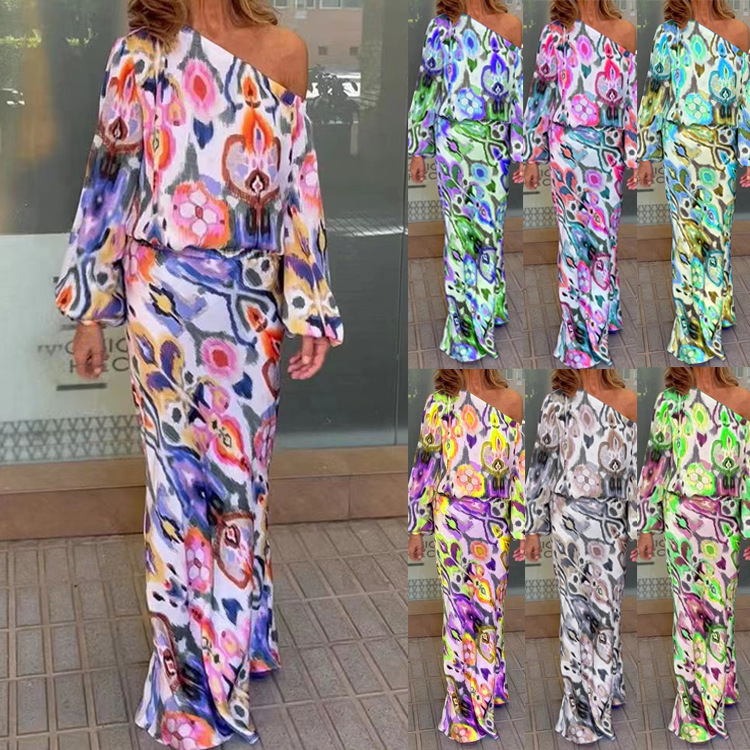 Women's Floral Print Long Sleeve Off-Shoulder Top and Mermaid Maxi Skirt Set