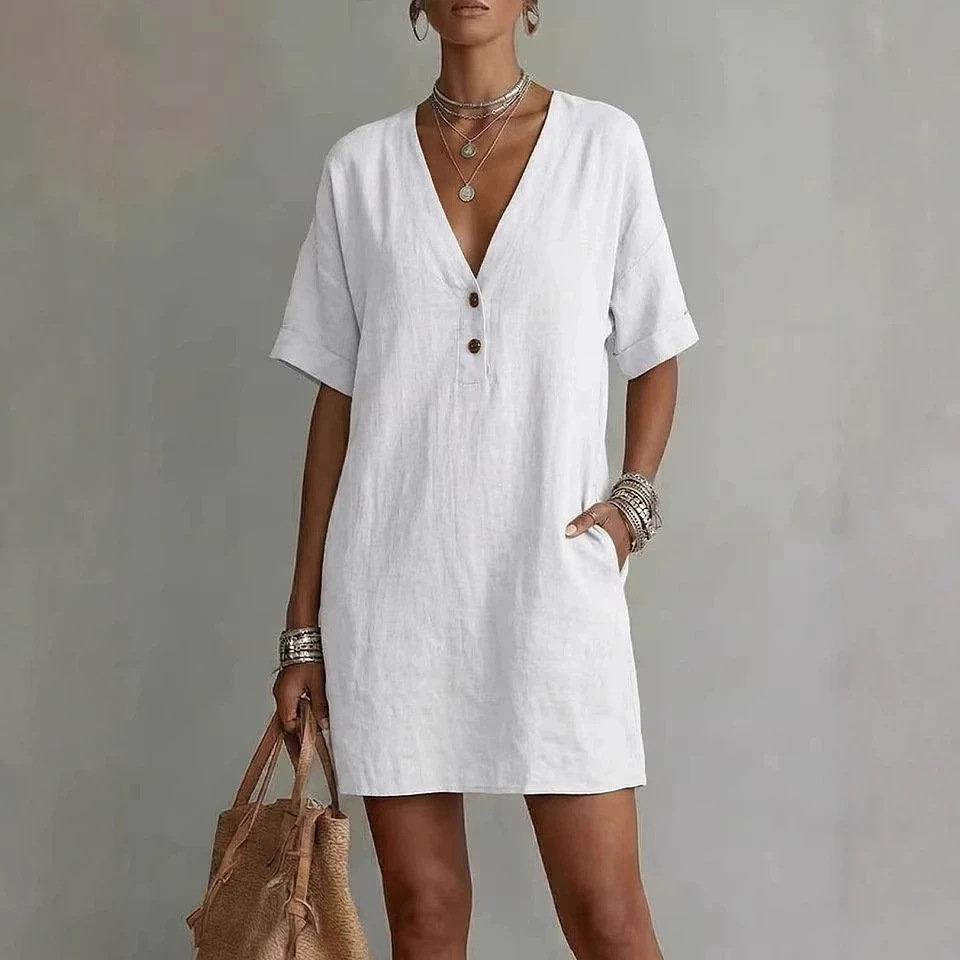 V-Neck Short Sleeve Loose Casual Midi Dress Half-Button A-Line