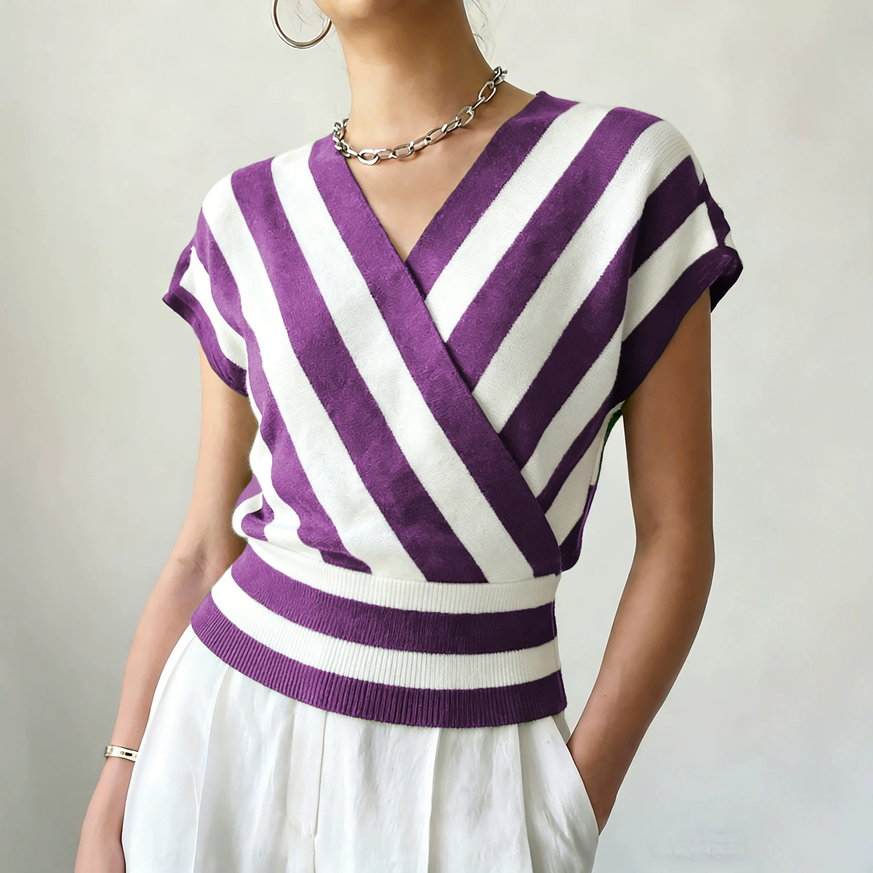 Women's Striped Cross-Neck Cinched Pullover Sweater Candy Color Casual