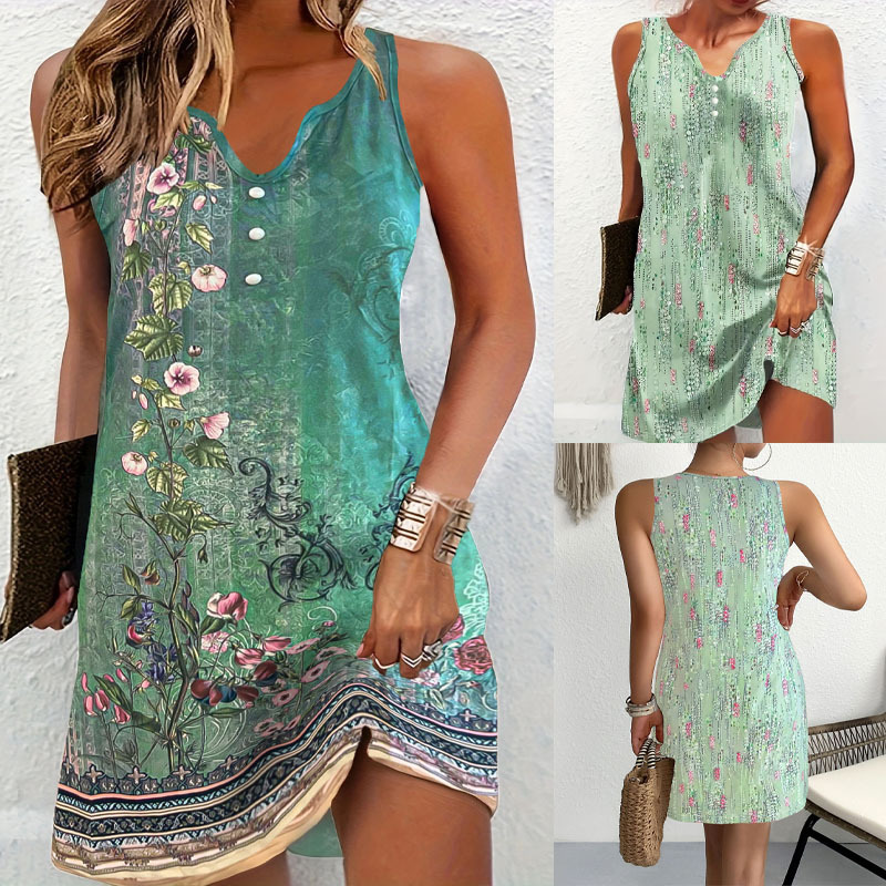 Women's Sleeveless V-Neck Floral Print Midi Dress