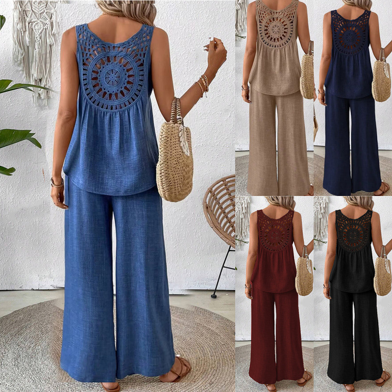 Women's Solid Color Back Cutout Embroidered Sleeveless Top and Pants Set