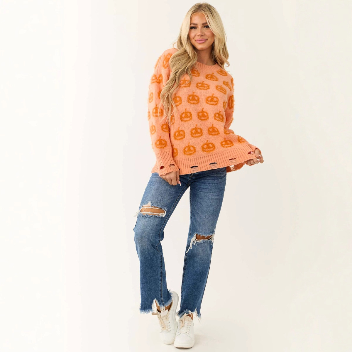 Halloween Jacquard Crewneck Pullover Sweater for Women Long Sleeve