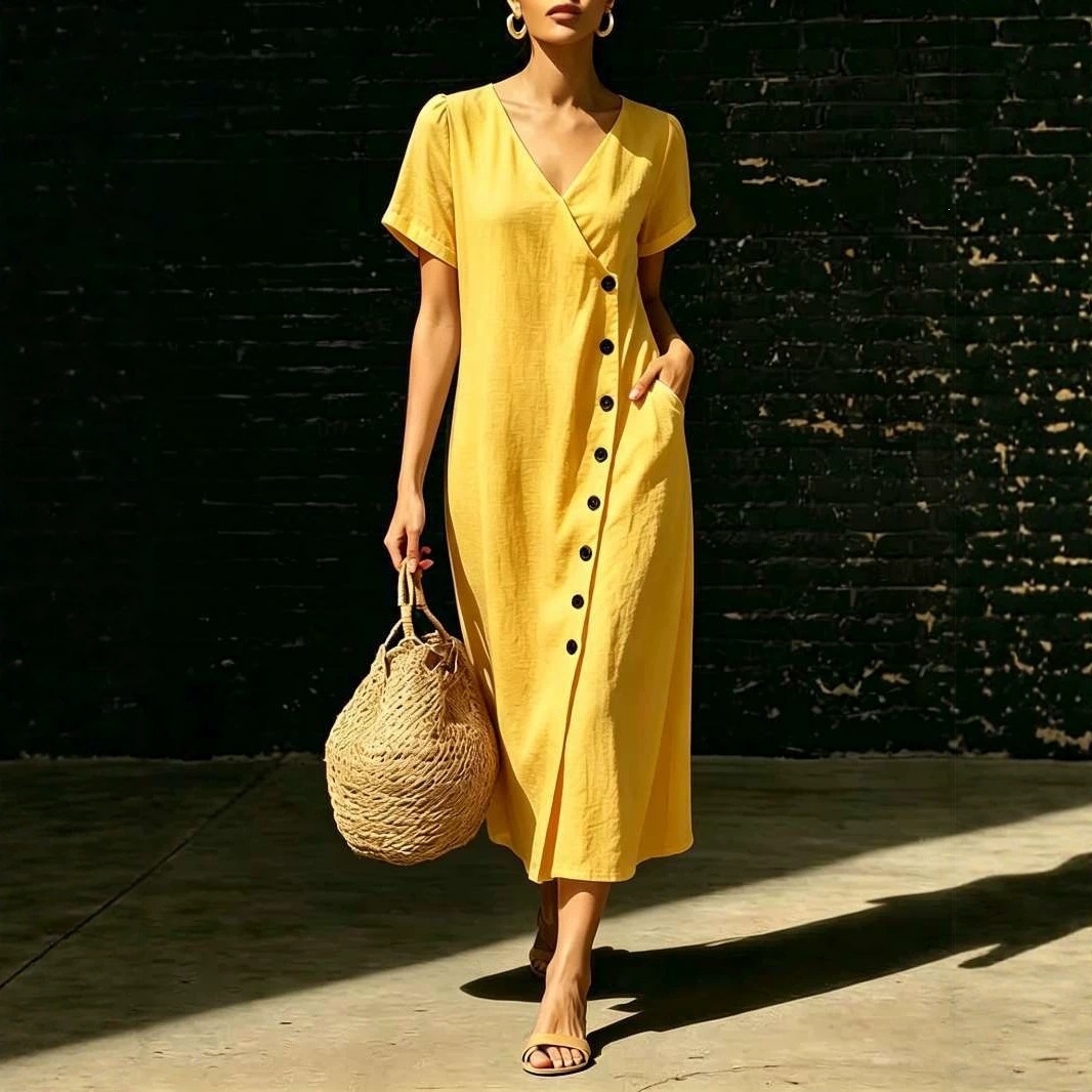 Women's V-Neck Button A-Line Midi Dress with Puff Sleeves