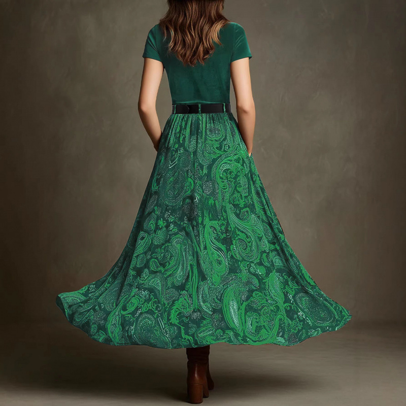 TUME Vintage Velvet Paisley Patchwork Dress with Belt