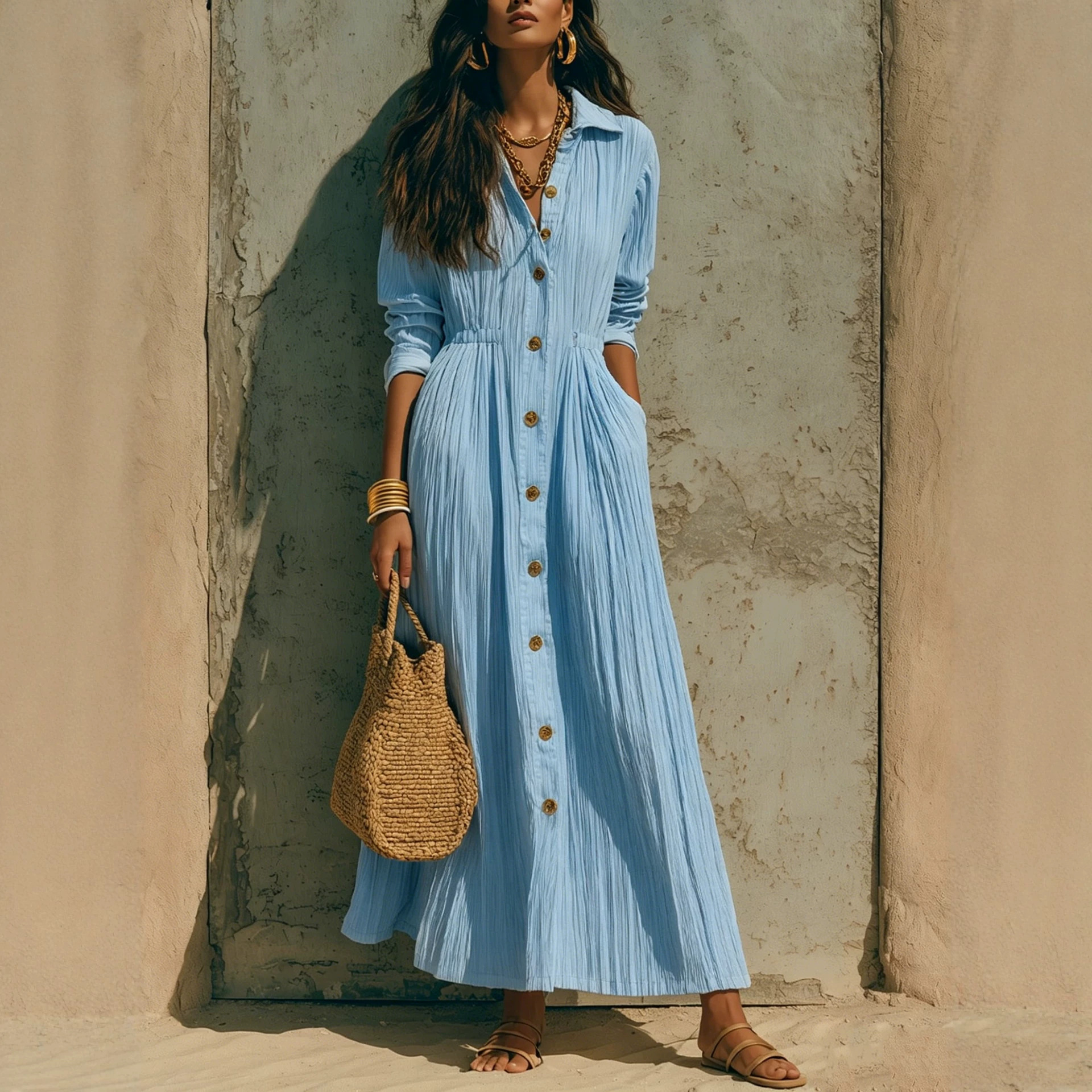 White Long Sleeve Shirt Dress with Waist and Loose Fit