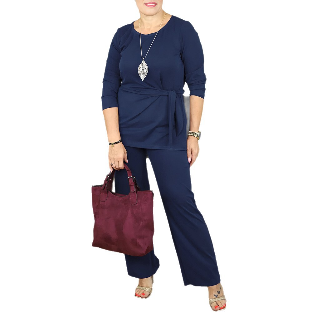 Women's Loose Plus Size Round Neck Tie Top and Pants Casual Two-Piece Set