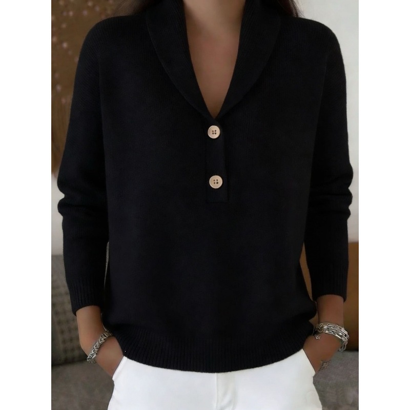 Women's Knit Button Polo Sweater Solid Color Casual Loose Fit Long Sleeve