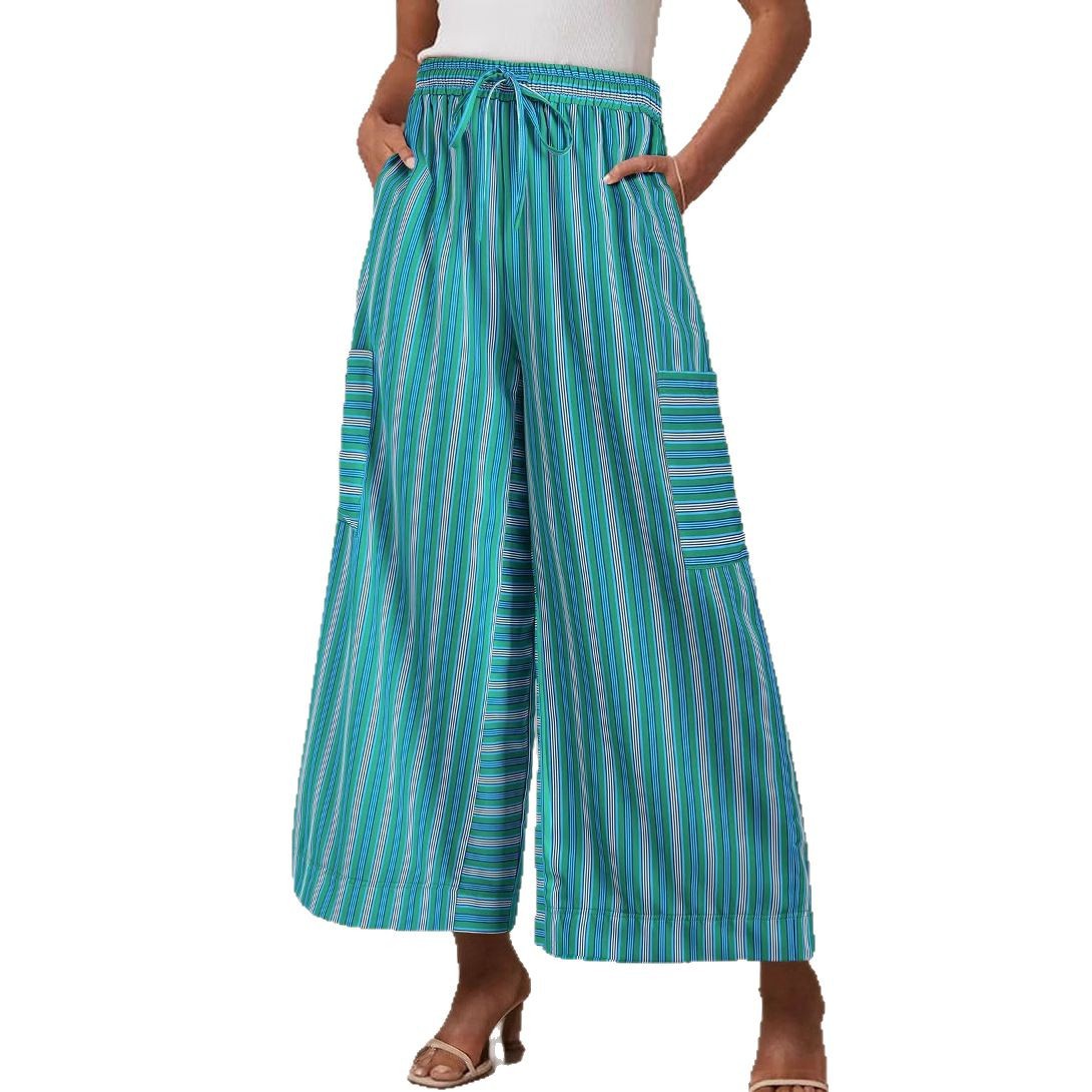 Striped Straight-Leg Drawstring Wide-Leg Beach Pants for Women