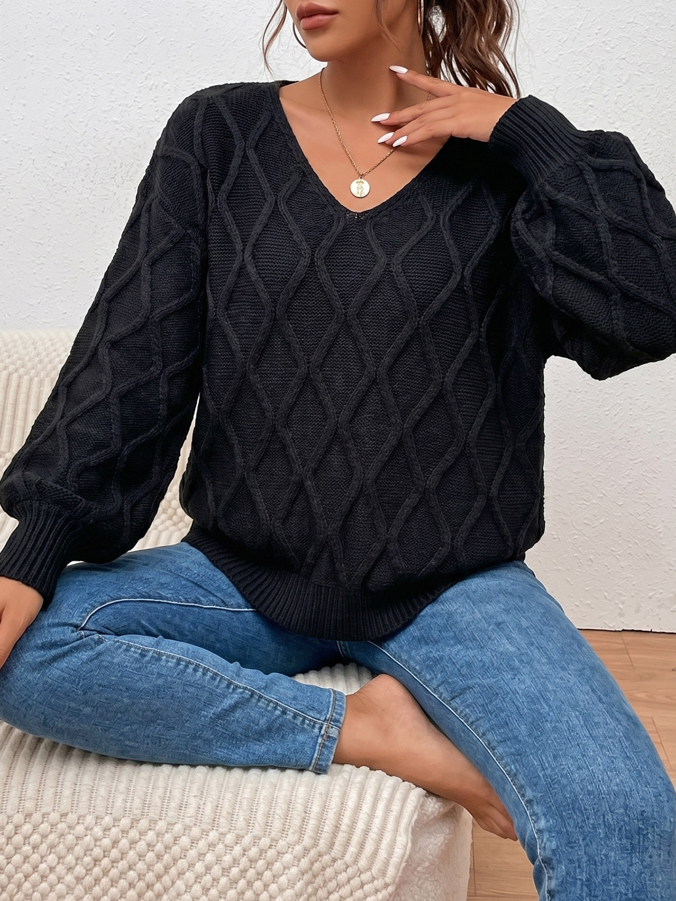 V-Neck Loose-Fit Knit Sweater for Women
