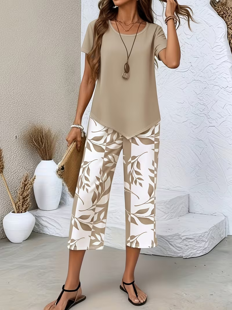 Women's Short Sleeve High Waist Wide Leg Pants Two-Piece Set