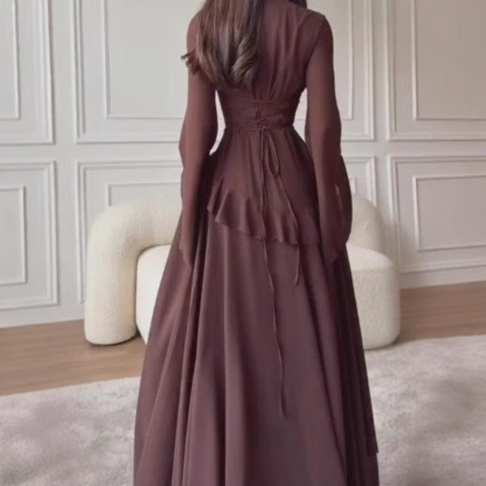 Women's Round Neck Long Sleeve Flare Sleeve Waist-Cinching Solid Color Long Dress