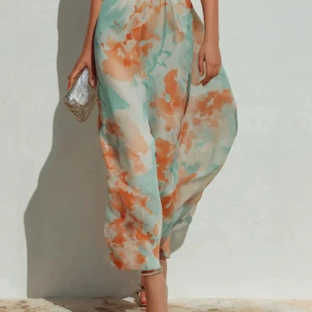 Sleeveless Digital Print Cinched Waist Pleated Midi Shirt Dress