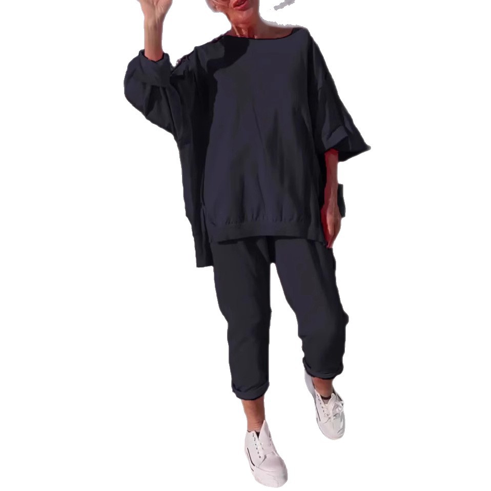 Women's Casual Solid Color Crew Neck Long Sleeve Top and Pants Set