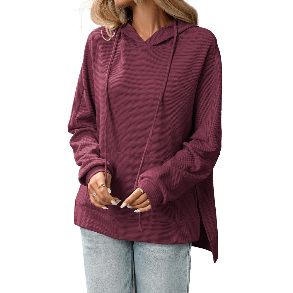 Waffle Knit Hooded Sweatshirt Women's Long Sleeve Pullover