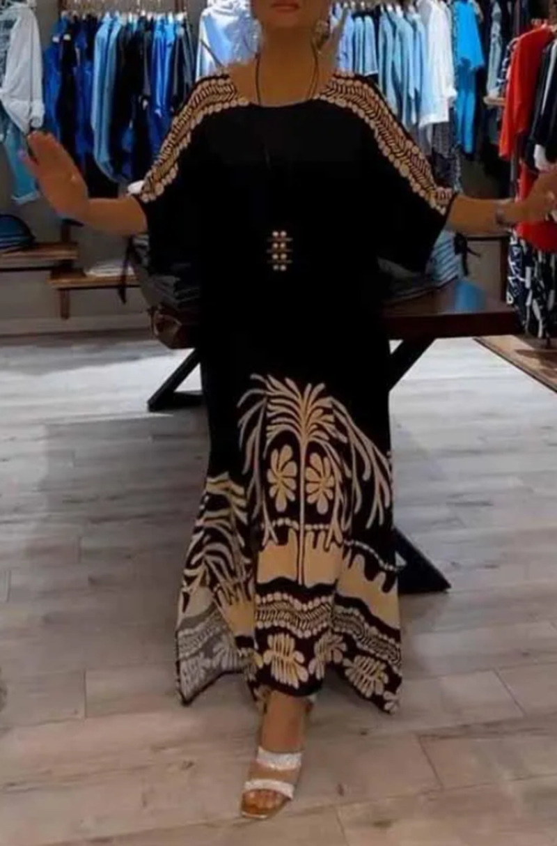 Elegant Floral Print Round Neck Half Sleeve Maxi Dress