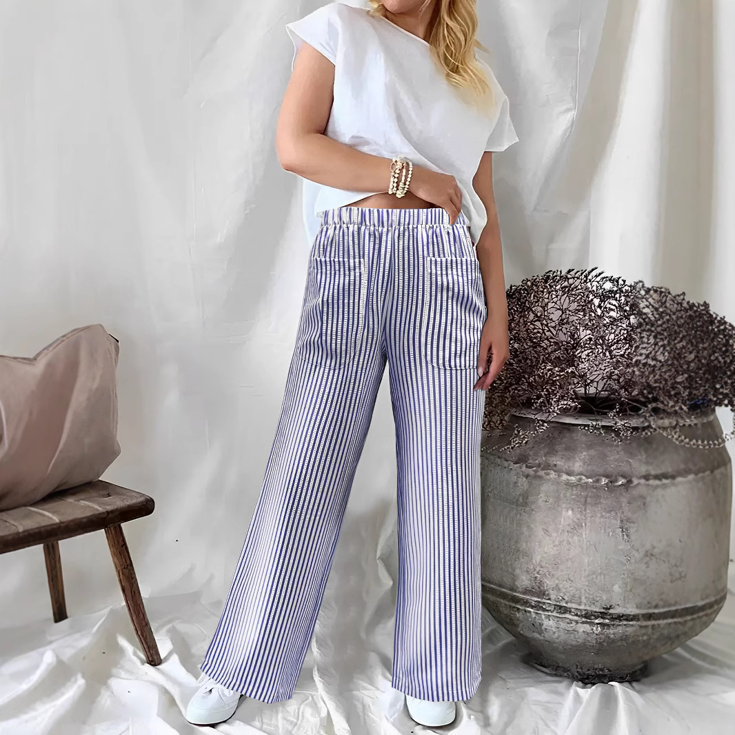Women's Striped Wide-Leg Pants with Pockets Casual Loose Fit