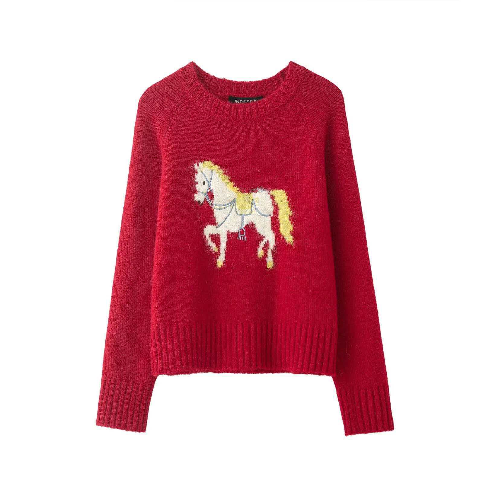 Women's Winter Crewneck Horse Jacquard Embroidered Sweater