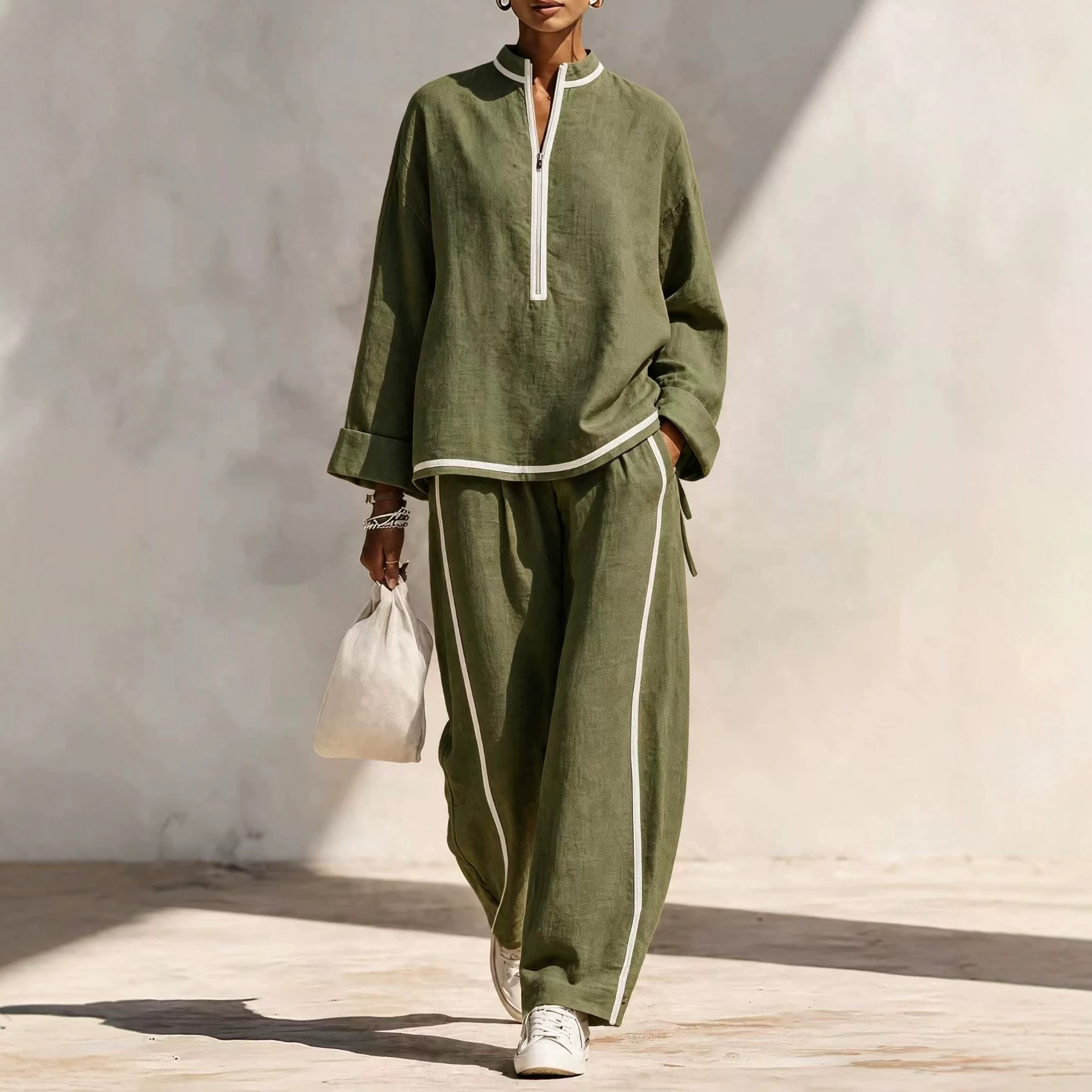 Women's Casual Two-Piece Set with Half-Zip Stand Collar Top and Wide-Leg Pants