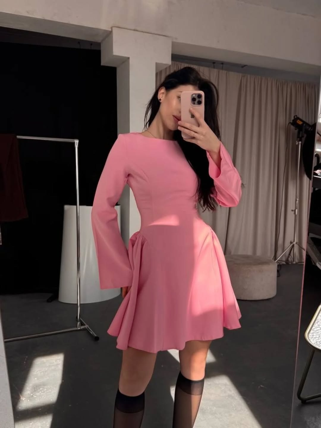 Elegant Long-Sleeve Short Dress with Boat Neck