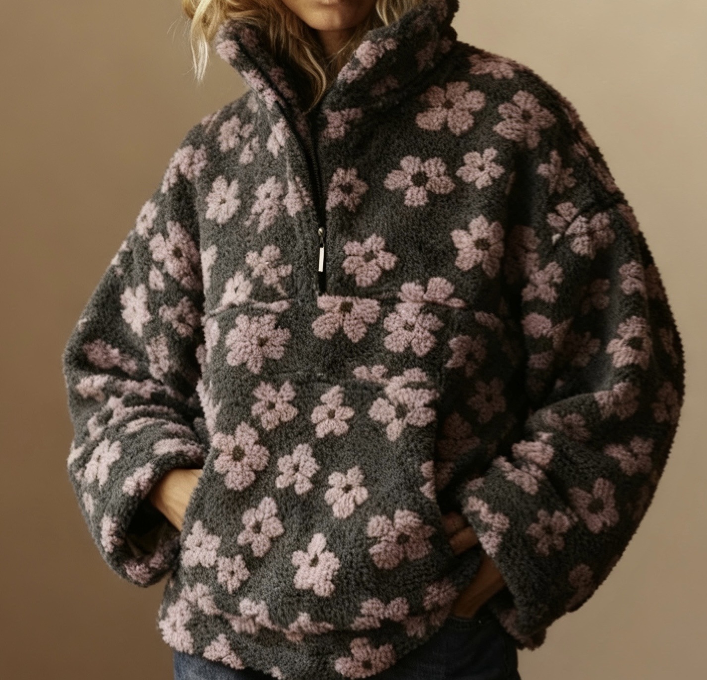 Fleece Floral Pullover Sweatshirt Women's Warm High Neck Loose Fit