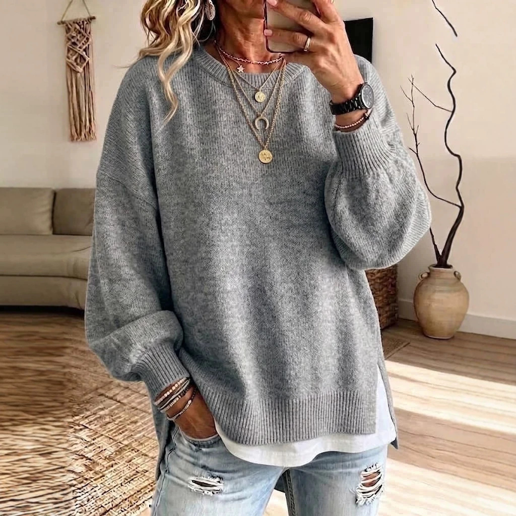 Women's Crewneck Sweater with Split Hem Loose Knit Pullover