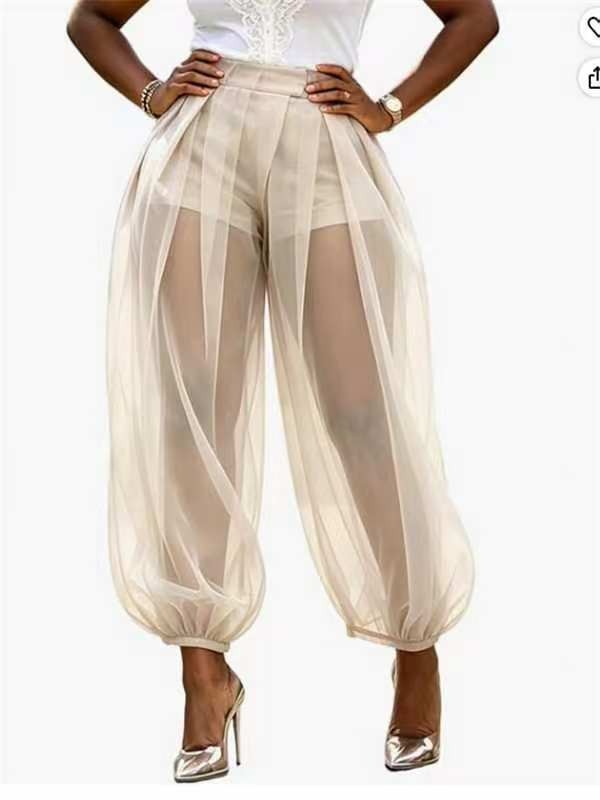 Sheer Mesh Solid Color Loose Lantern Pants